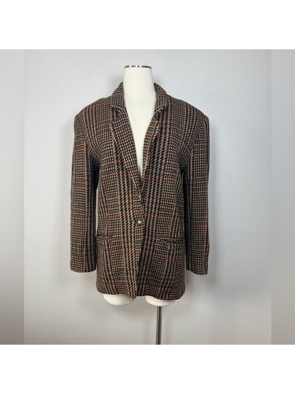 Vintage David Hollis Womens Brown Plaid Single-Button Blazer wool size 4